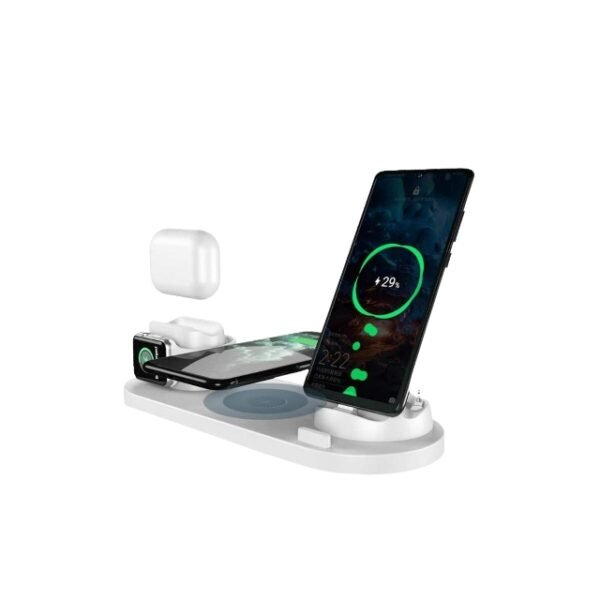 A wireless charger station that can charge devices with or without wires with three USB ports and three wireless slots.