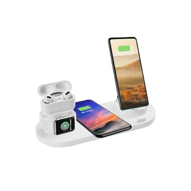 A wireless charger station that can charge devices quickly and efficiently with Qi Certified and fast charging technology on a white background.