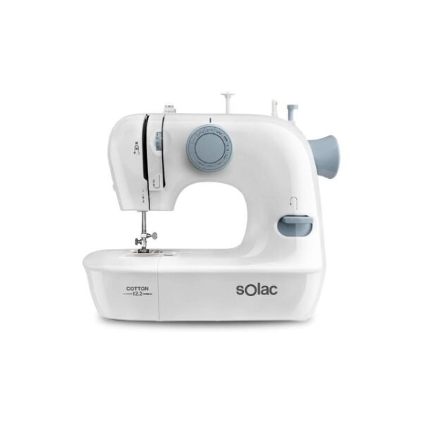 A white sewing machine with a Solac logo and 12 stitches on a knob