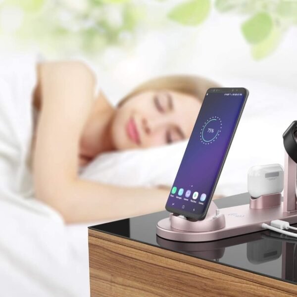 A wireless charger station that can charge devices wirelessly and safely with temperature control and overcharge protection on a black surface.