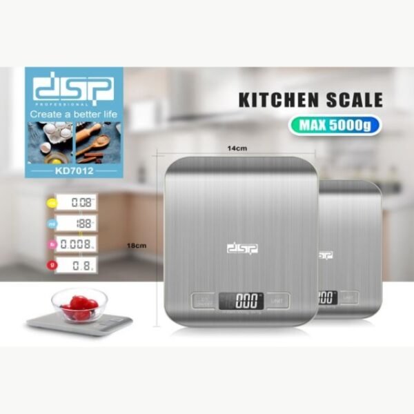 Compact and Space-Saving: DSP Food Scale with dimensions that fit perfectly on countertops, taking up minimal space, and capable of measuring up to 5000g of food.