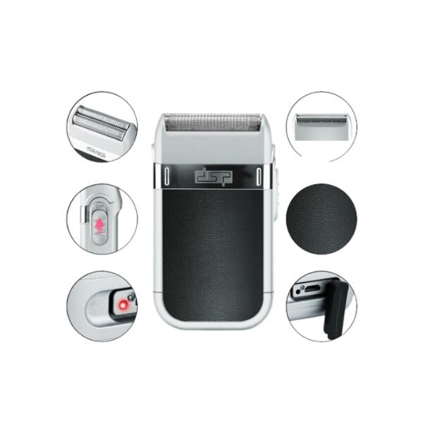 A black and silver cordless DSP trimmer with various features.