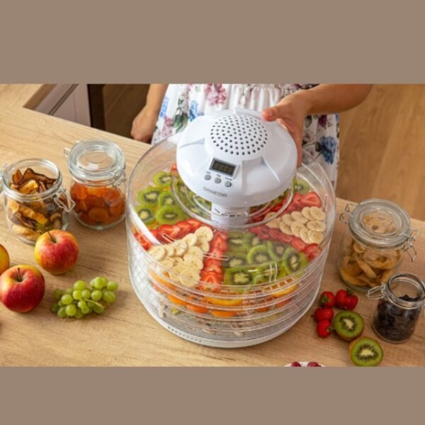 A food dehydrator with a white color and five transparent sieves.