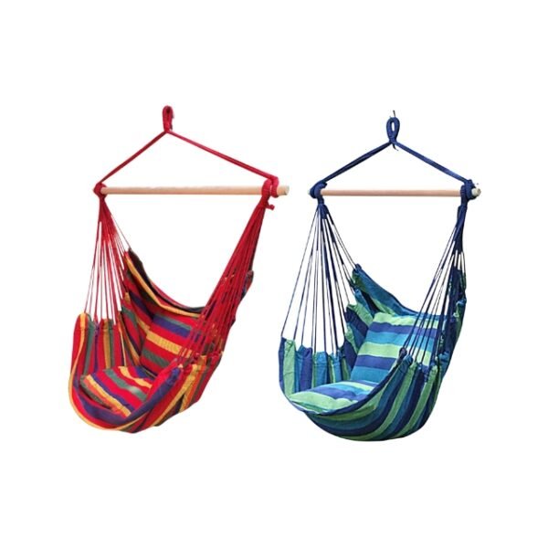 Red and Blue Hammock Side by Side on White Background.