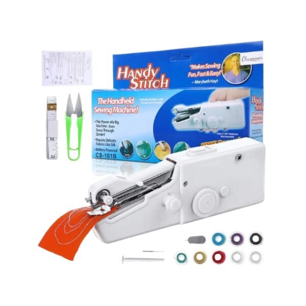 A handheld sewing machine with a spindle and a needle