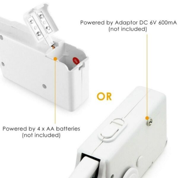 A cordless sewing machine with a battery compartment and a power jack.