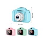 Colorful kids camera in blue, pink, and aqua green with dimensions.
