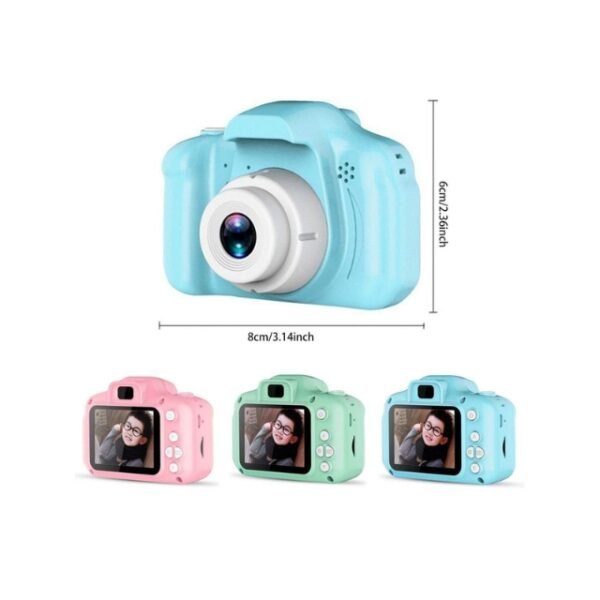 Colorful kids camera in blue, pink, and aqua green with dimensions.