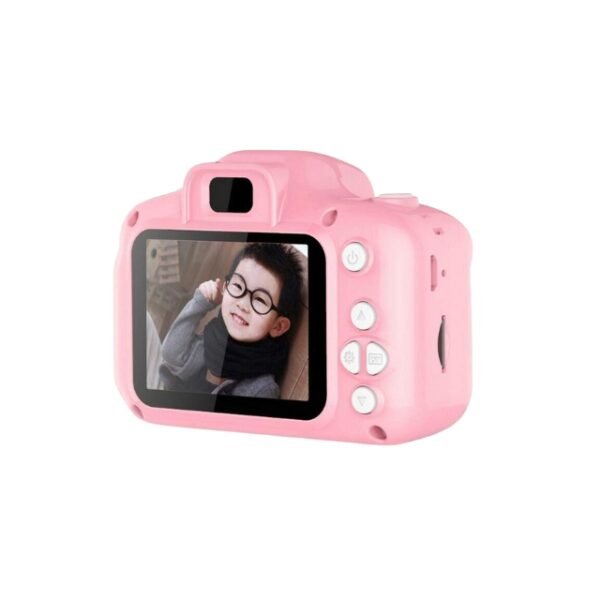 Pink kids camera with high-quality image of smiling child.