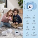 Kids camera with list of unique features next to two children in living room.