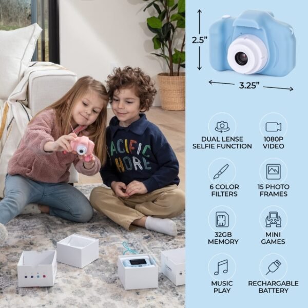 Kids camera with list of unique features next to two children in living room.