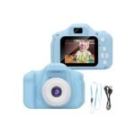 Blue kids camera with attachments on white background.