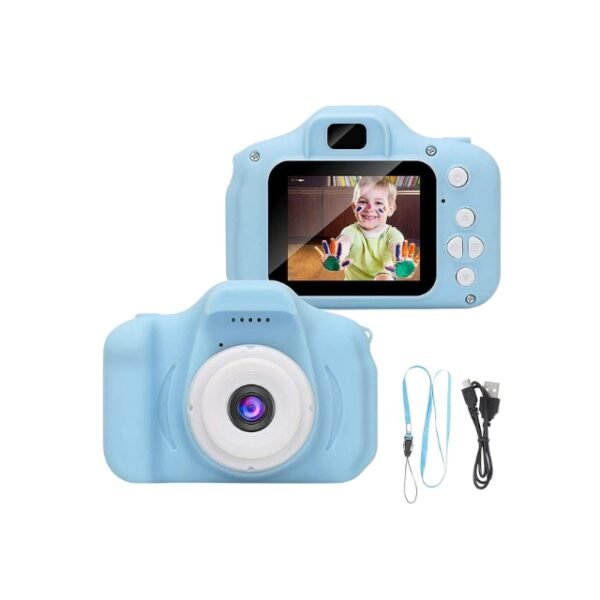 Blue kids camera with attachments on white background.