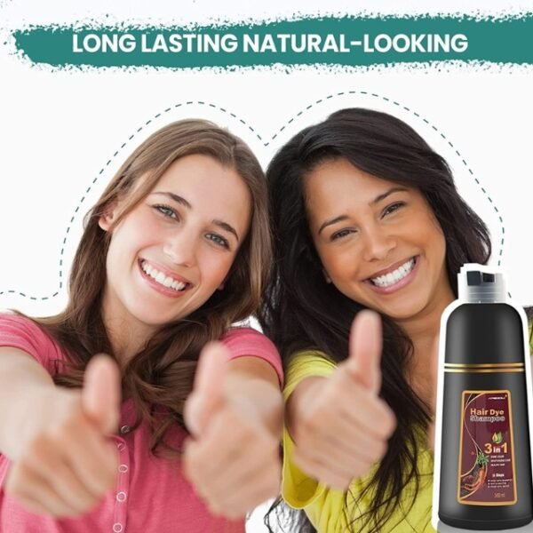 MEIDU Hair Dye Shampoo: Long-Lasting Natural Look with Smiling Women.