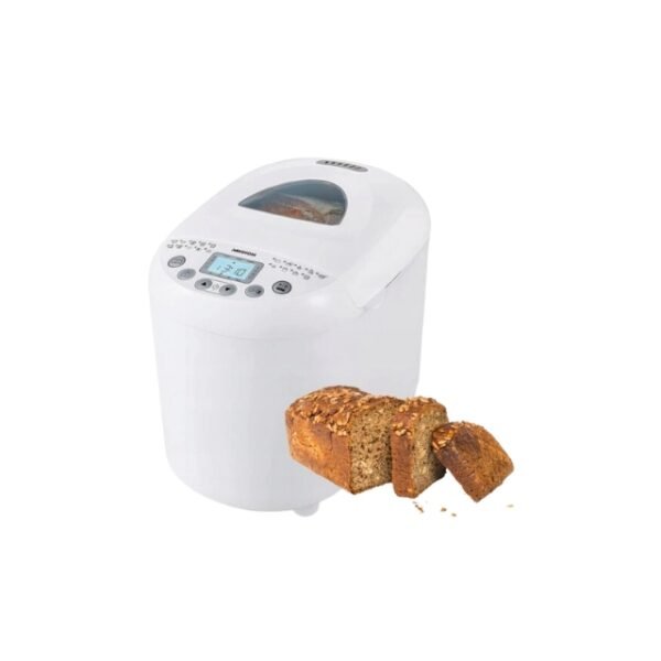 Side view of Medion bread maker with sliced loaf of bread nearby.