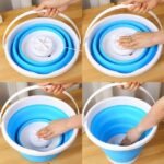 Collapsible bucket with grid for mini washing machine placement.