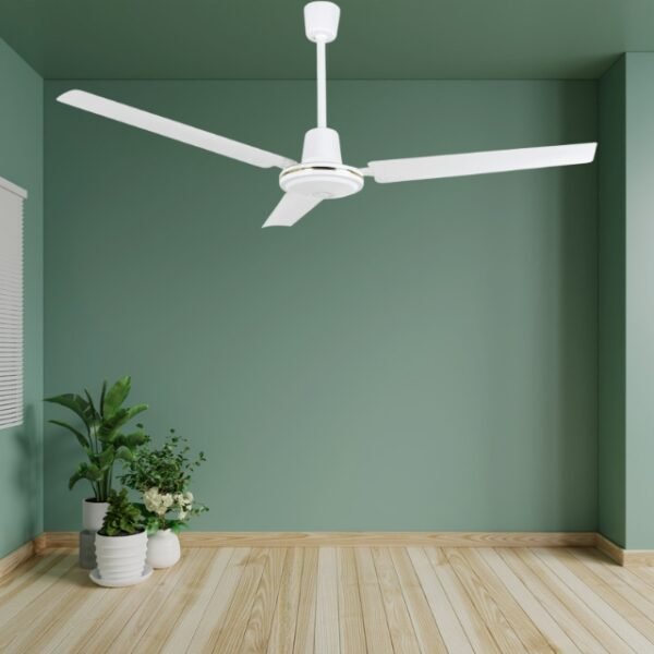 Orbegozo fan hanging from the living room's ceiling showing its modern and stylish design. It can be placed in rooms, offices, and garages.