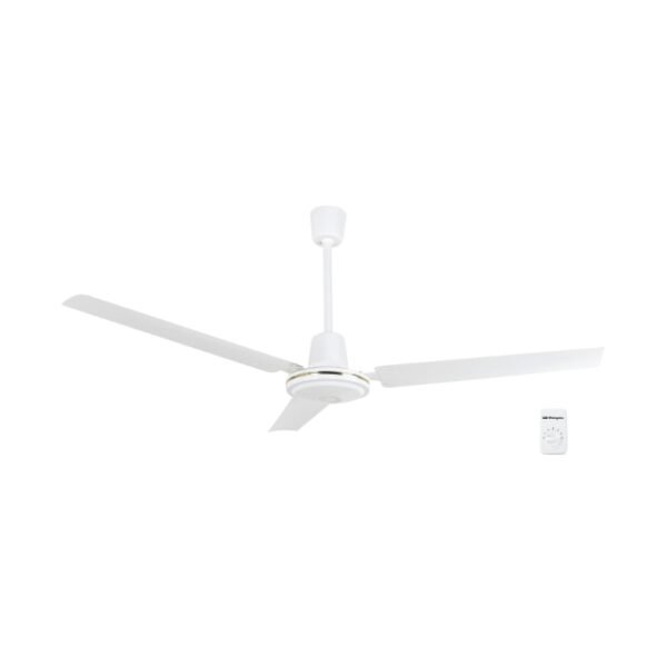 Orbegozo ceiling fan placed on white background with control panel to its side. Fan speed can be customized to user comfort.