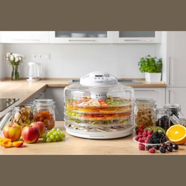 A food dehydrator with a white body and five round trays.