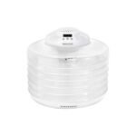 A white food dehydrator with five trays and a temperature knob.