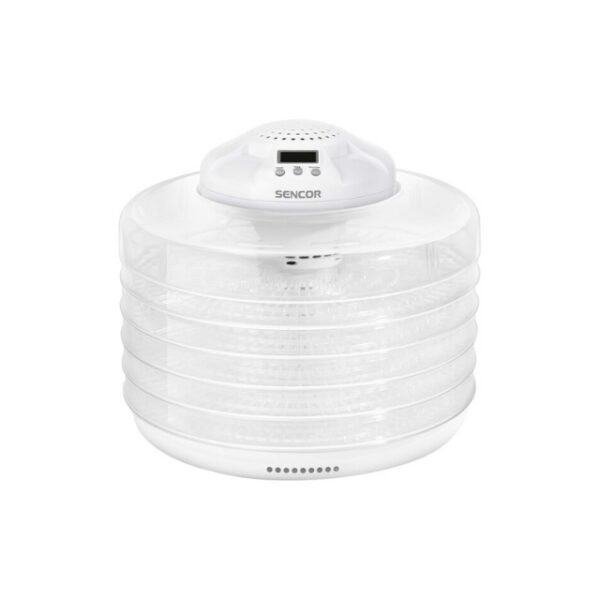 A white food dehydrator with five trays and a temperature knob.