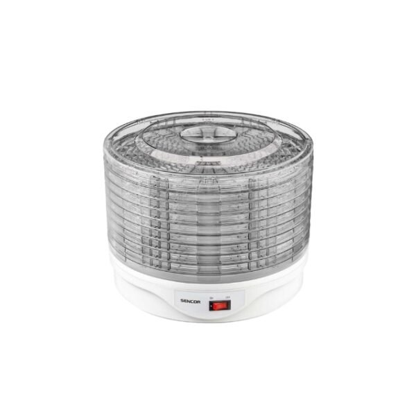 A white food dehydrator with one-button operation, 9 drying sieves, a transparent fan, lid and sieves.