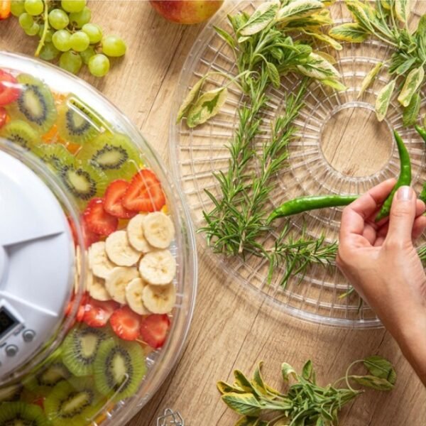 A white food dehydrator with a simple one-button operation, 9 drying sieves, a clear fan and a clear lid and sieves.