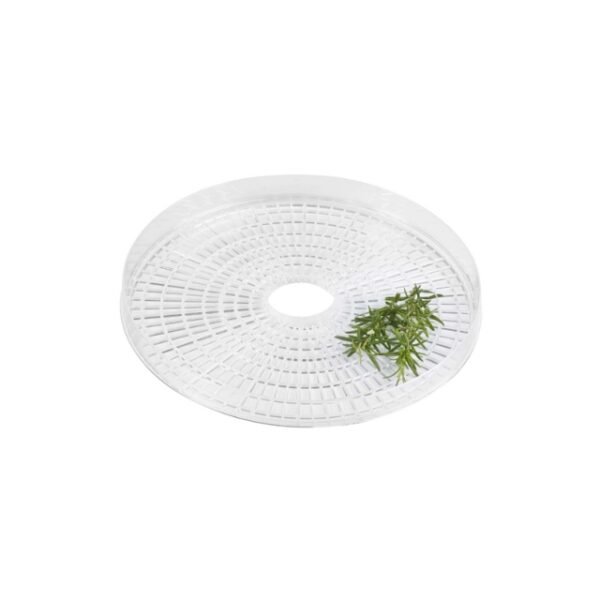 A white food dehydrator with 9 transparent drying sieves, a transparent fan and a transparent lid.