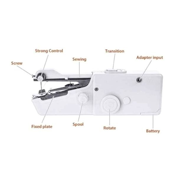 A handheld sewing machine with a needle and a bobbin.