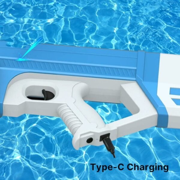 AC-500 water blaster displayed in a pool, charging with Type-C cable.