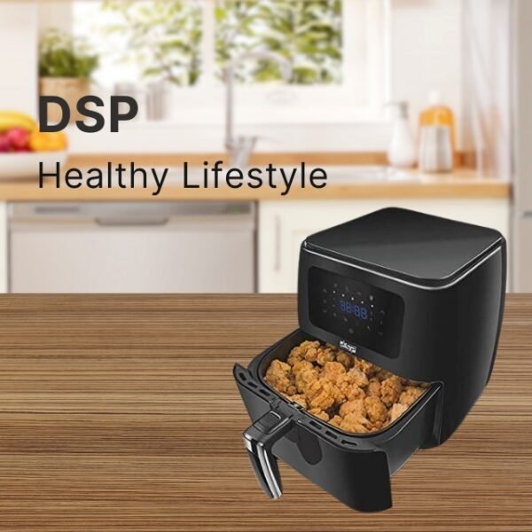 DSP air fryer on stylish brown kitchen counter, promoting healthy cooking.