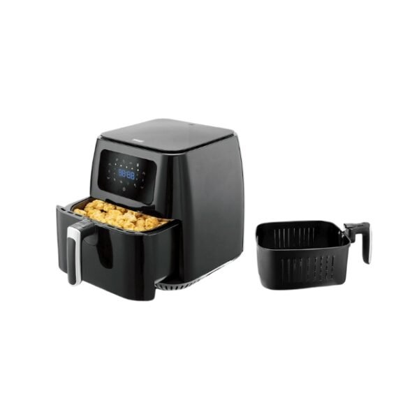 Side-by-side view of DSP air fryer and its spacious frying basket on a white background.