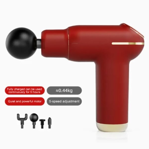 Vibrant red fascial massaging gun with silent operation.