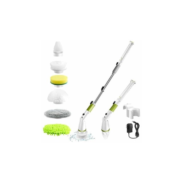 Hurricane Spin Scrubber with adapter and multiple heads on white background.