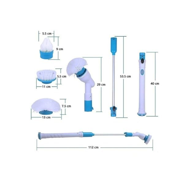 Dimensions of the versatile Hurricane Spin Scrubber with attachment heads.