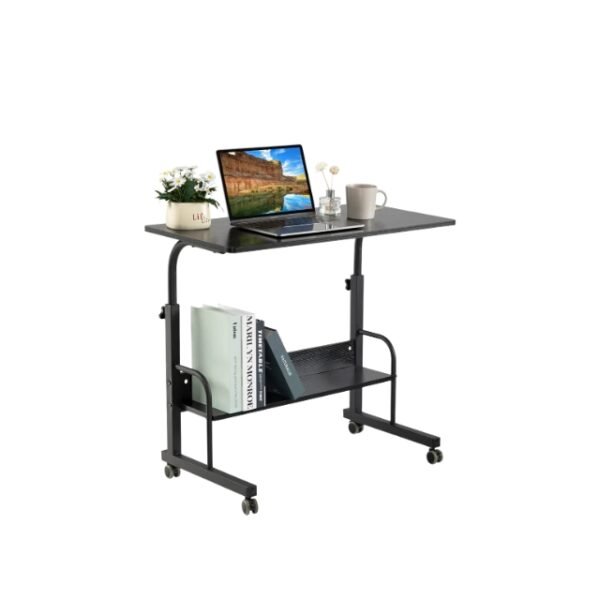 Laptop table with storage rack and movable wheels on white background.