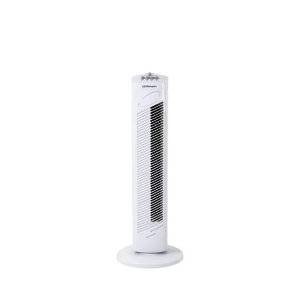 Stylish Orbegozo tower fan on a white background, cooling with elegance.