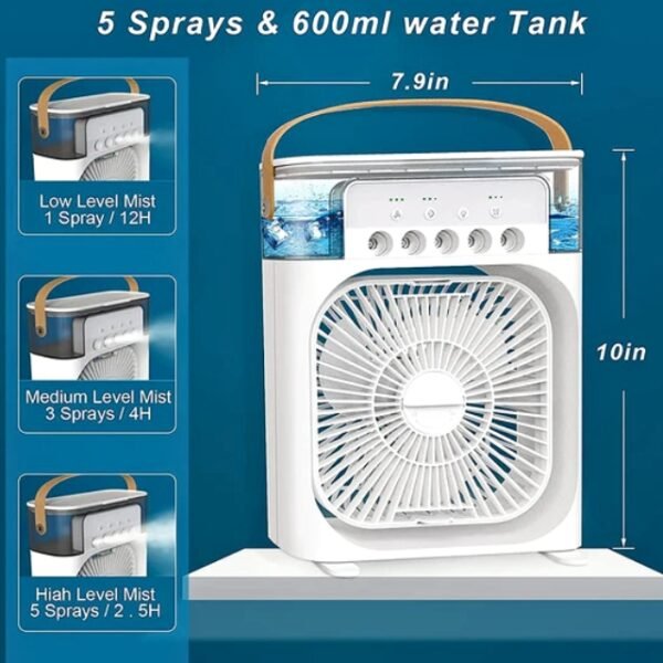 5 Sprays and 600ml water tank for prolonged cooling.