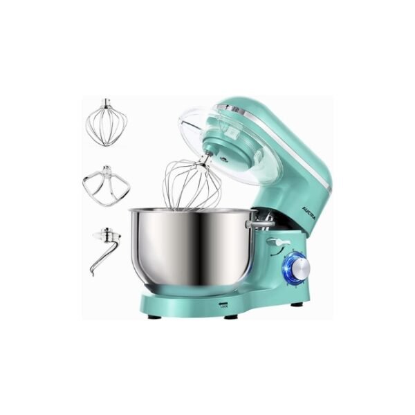 Aqua Aucma Stand Mixer with Hook, Beater, and Whisk on White Background.