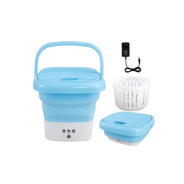 Blue Portable Mini Washing Machine with Powering Adapter and Drying Basket.