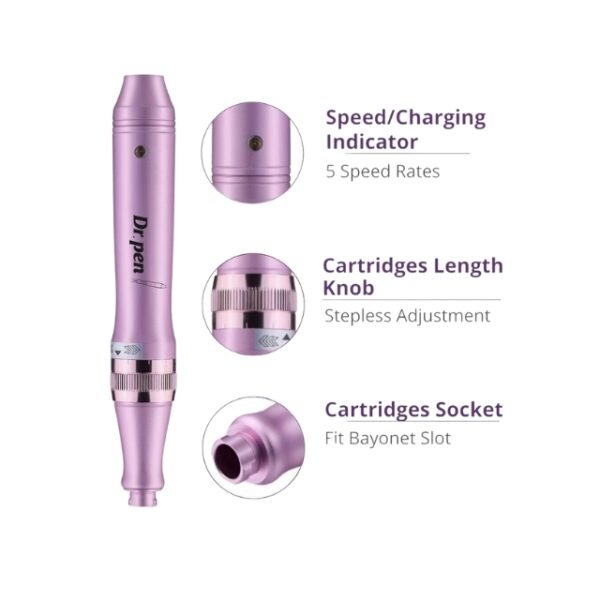 Features of Dr. Pen Microneedling Beauty Tool: 5 Speeds, Stepless Cartridge Adjustment, Cartridge Socket, Charging Indicator.