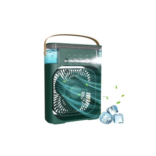 Green air cooler fan with gusts of wind and ice cubes.