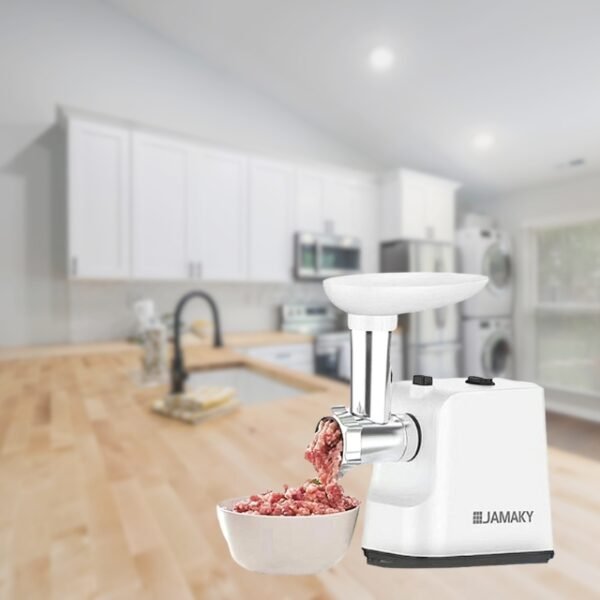 Jamaky meat grinder 600W with metal disc and blade on white background with minced meat.