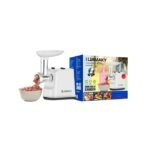 Jamaky meat grinder with package and minced meat on white background.