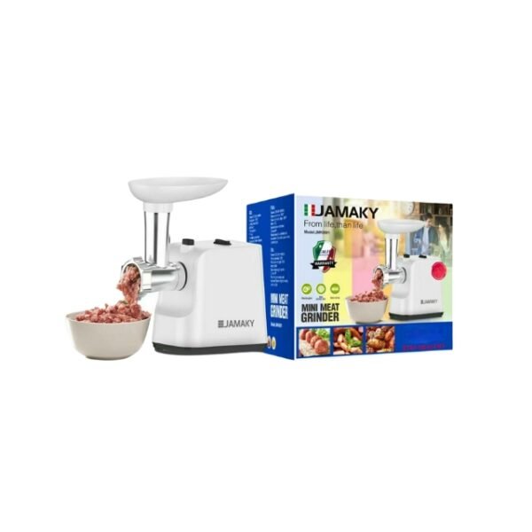 Jamaky meat grinder with package and minced meat on white background.