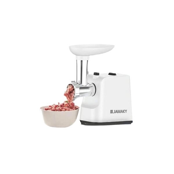 White electric meat grinder by Jamaky with accessories and minced meat.