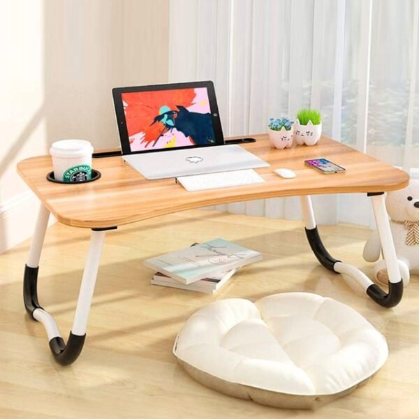 Modern wooden-coated laptop table for any room.