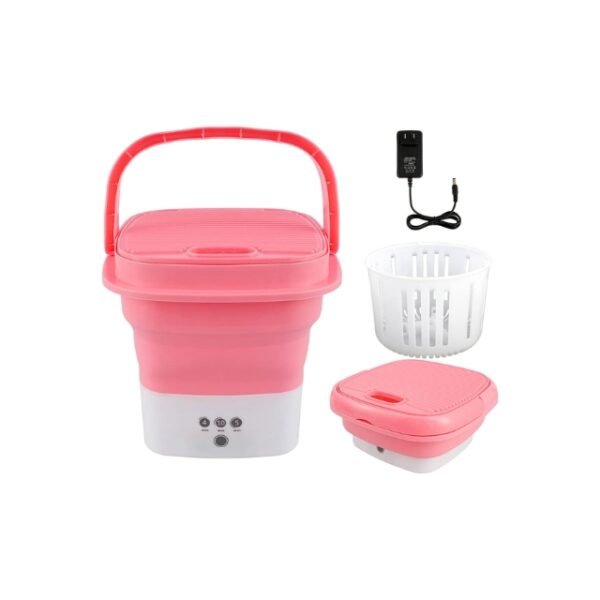 Pink Portable Mini Washing Machine with Powering Adapter and Drying Basket.