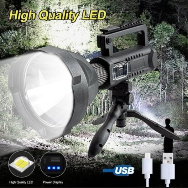 Powerful lighting torch with rechargeable battery and power display.