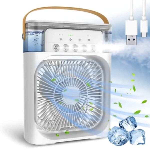 White air cooler fan with ice cubes and USB cable.